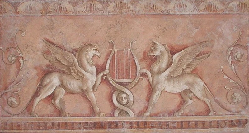 Peinture Fresque Renaissance : Griffon romain sur fond saumon
