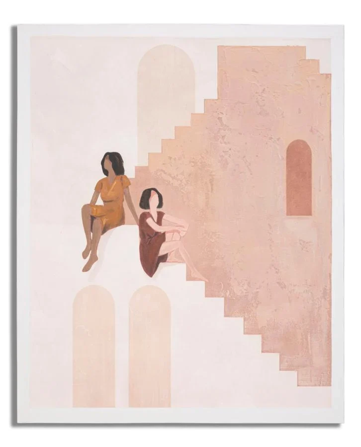 Peinture sur toile abstraite brune Boho Chic, Femmes dans l’escalier (finition à la main)