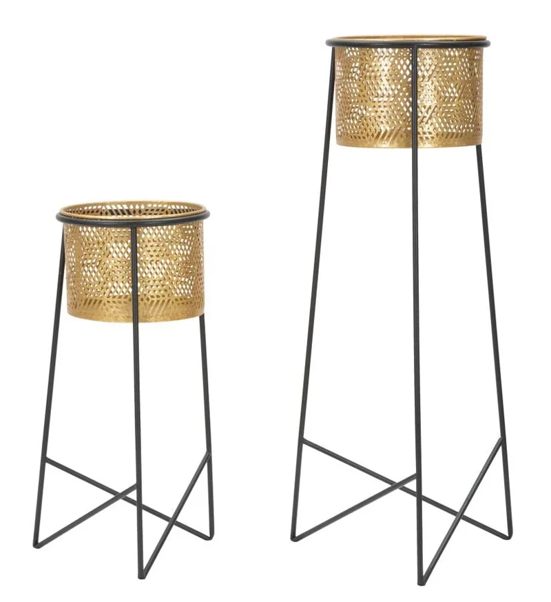 Ensemble de 2 pots de fleurs en métal doré avec support noir