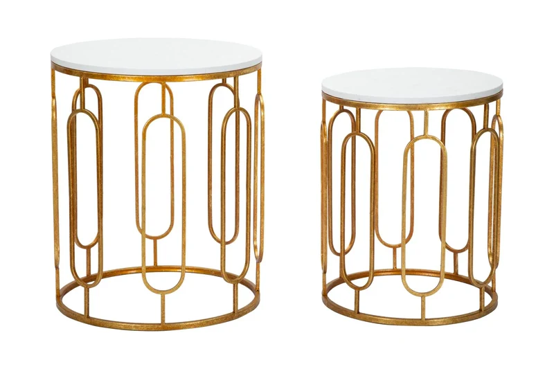 Ensemble de 2 tables d’appoint rondes en métal doré avec plateau en marbre