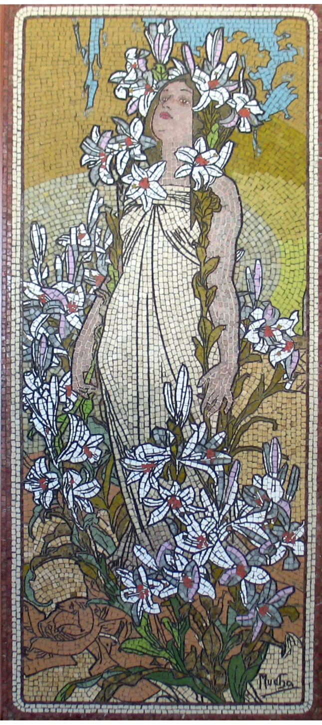 Mosaïque Dame avec fleurs (droite - contemporain - Mucha) - en marble