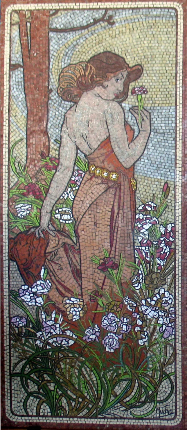 Mosaïque Dame avec fleurs (gauche - contemporain - Mucha) - en marble