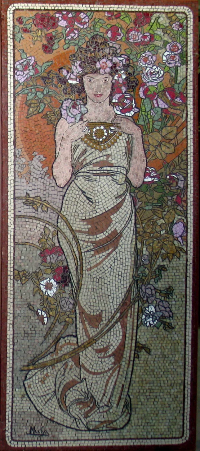Mosaïque Dame avec fleurs (milieu - contemporain - Mucha) - en marble