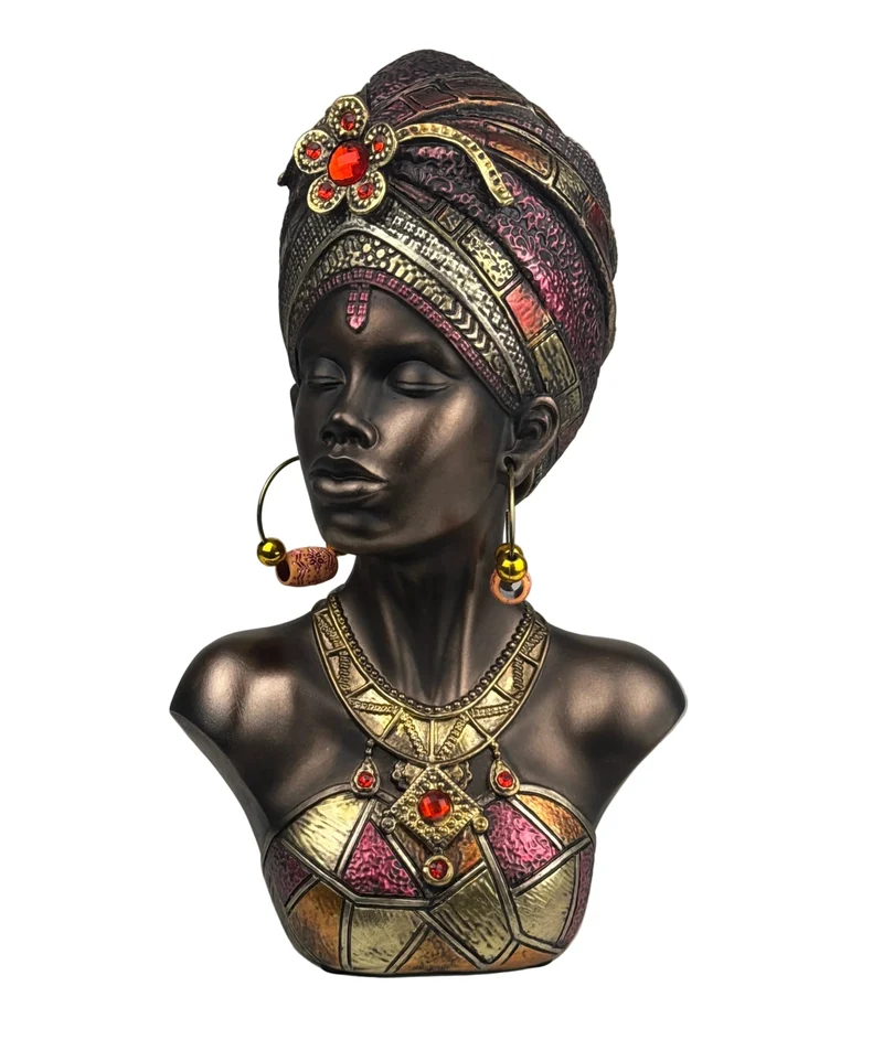 Buste de Reine Africaine avec coiffe et bijoux (Finition bronze)