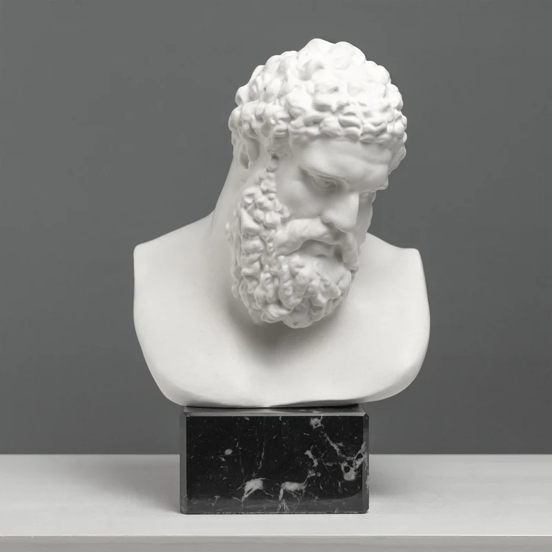 Buste d’Hercule sur Socle en Marbre Noir – Héros Grec de la Force et de la Puissance – Sculpture en Marbre
