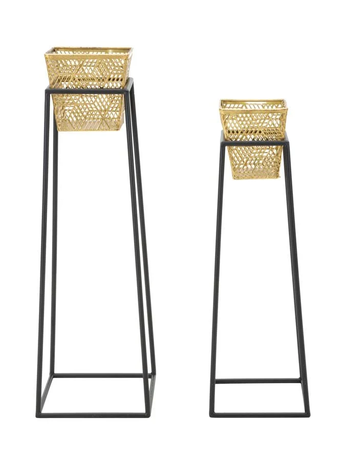 Paire de supports de vase carrés en métal doré avec support noir