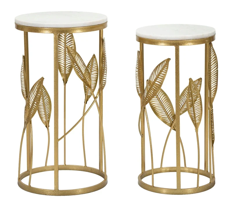 Petite table ronde en métal doré avec feuille décorative et plateau en marbre (ensemble de 2)