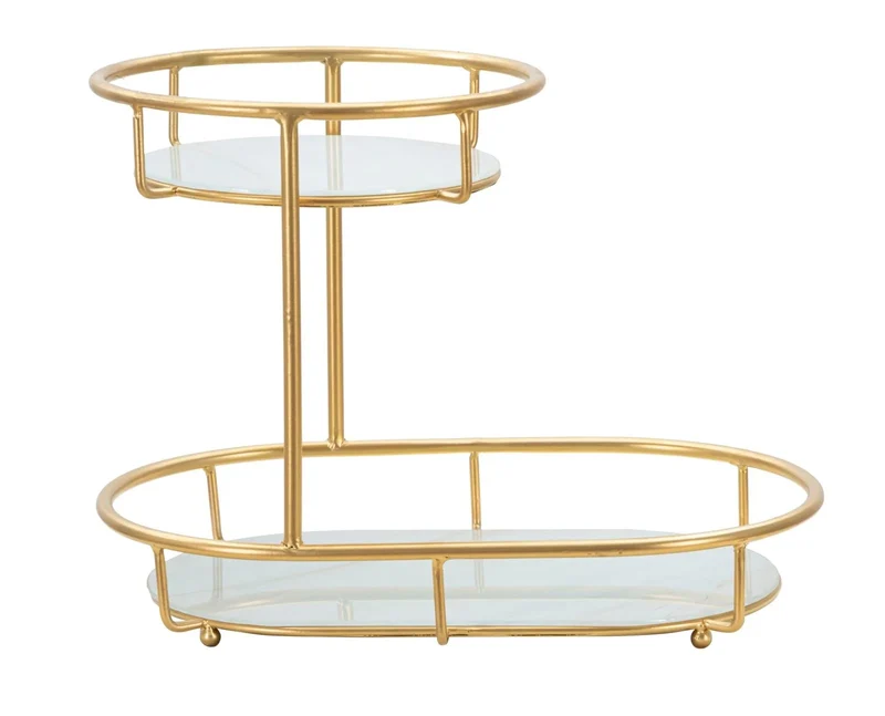 Plateau en métal et verre doré avec 2 étagères
