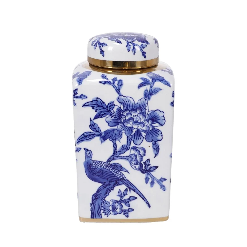 Pot à gingembre en porcelaine florale bleue et blanche avec bord doré