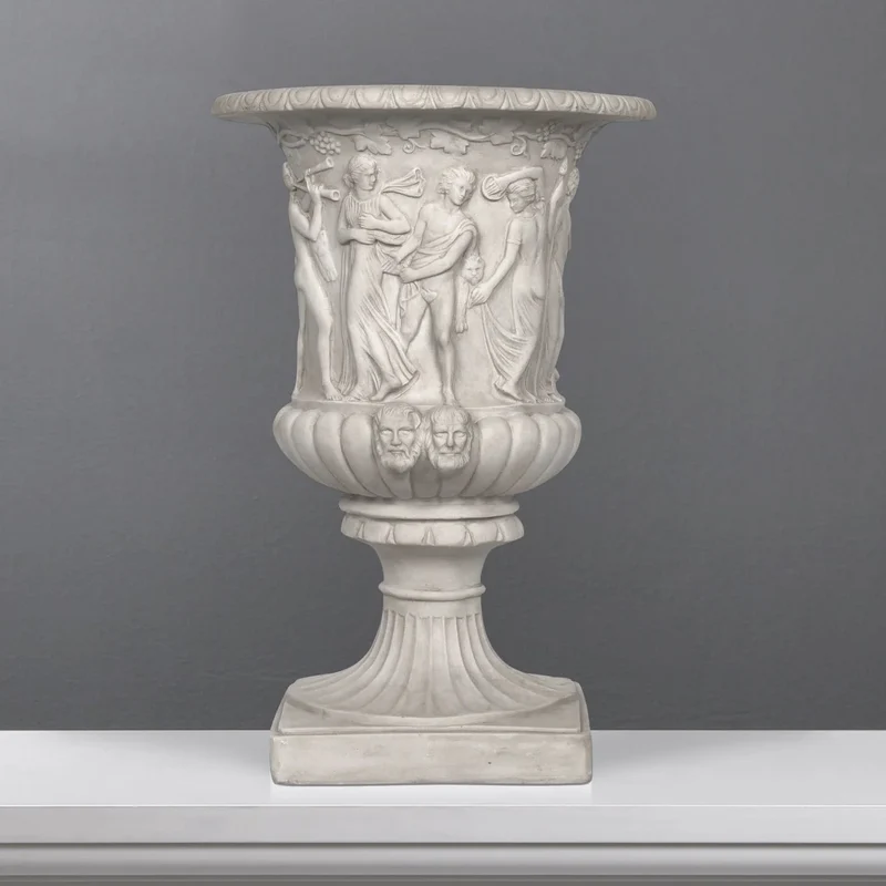 Pot de fleur avec scène bacchique - grande sculpture en marbre blanc
