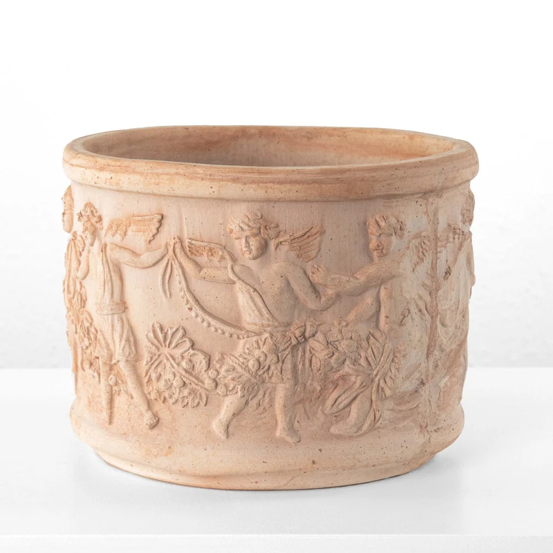 Pot en terre cuite avec relief de putti italiens (Cylindrique)