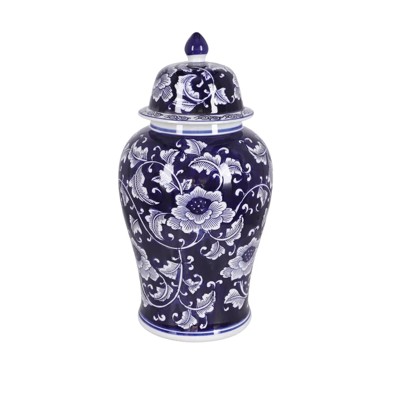 Potiche temple en porcelaine florale bleue et blanche