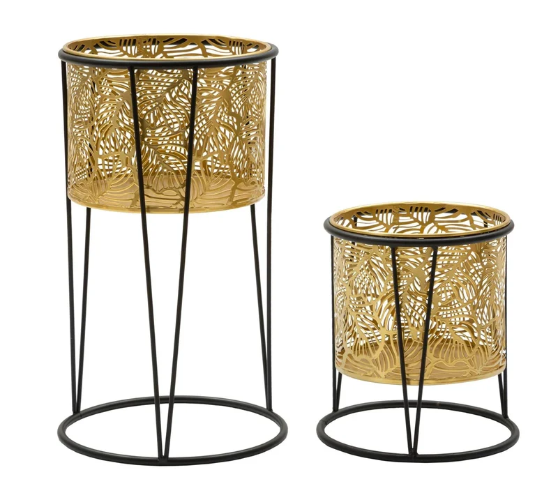 Pots de fleurs en métal doré motif feuilles avec supports