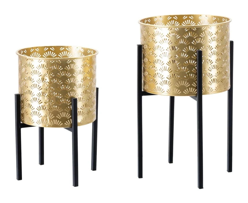 Pots de fleurs en métal doré motif feuilles avec supports