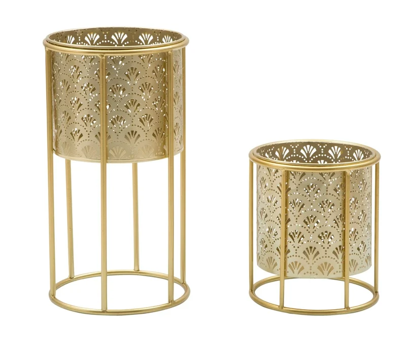 Pots de fleurs ronds en métal doré avec support
