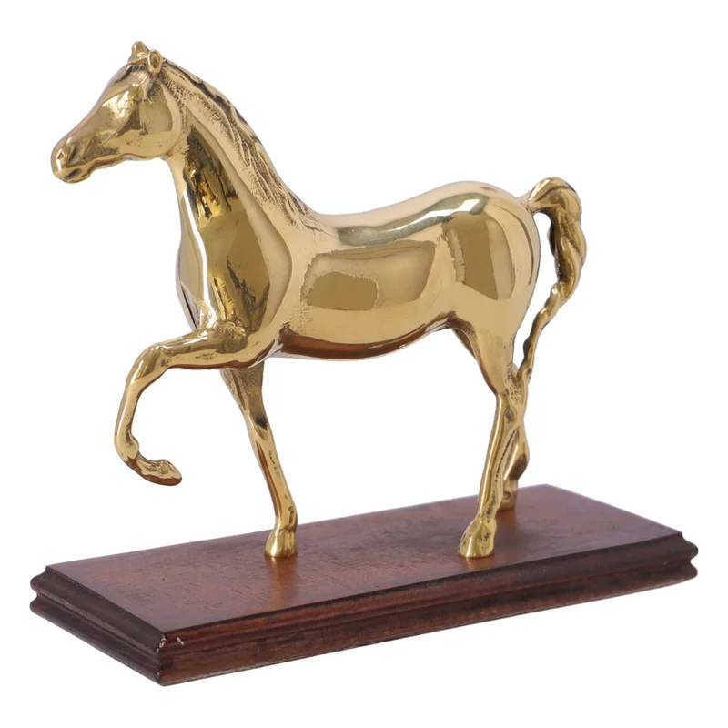 Sculpture cheval en laiton avec socle en bois