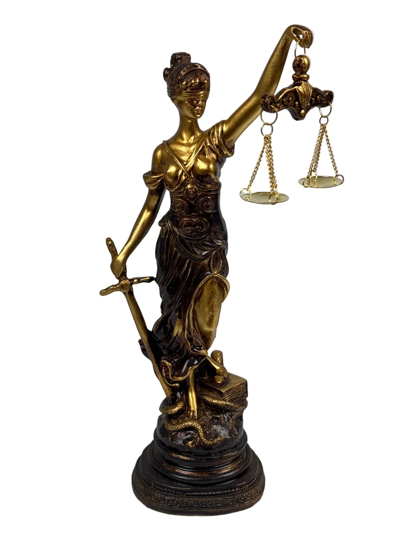 Sculpture de Dame Justice – Symbole de Loi et d’Équité (Petite, Laiton Patiné Noir)