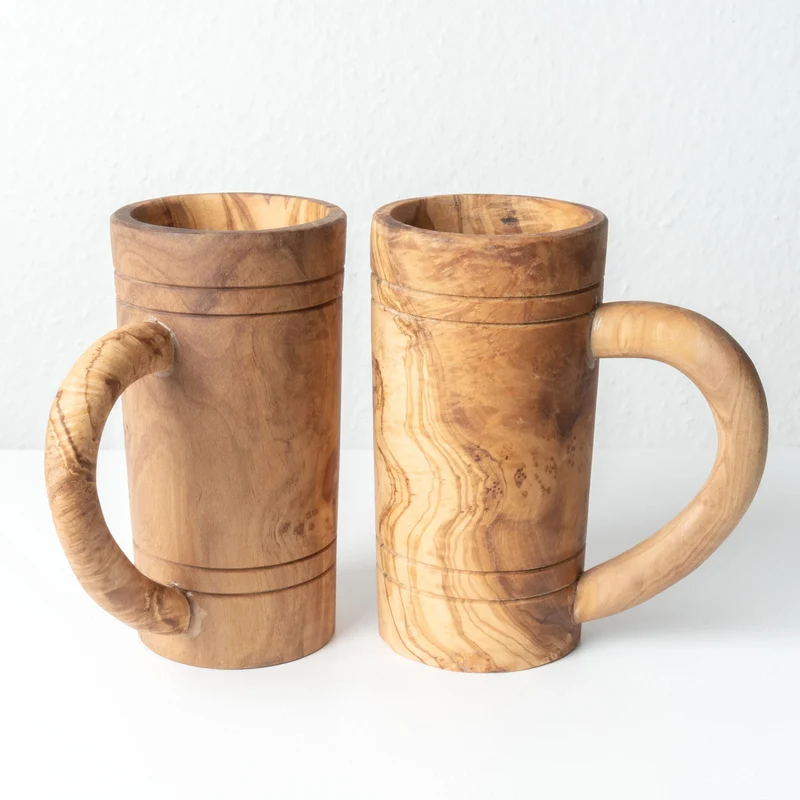 Set de Chopes à Bière en Bois d’Olivier Fait Main (2 Pièces)