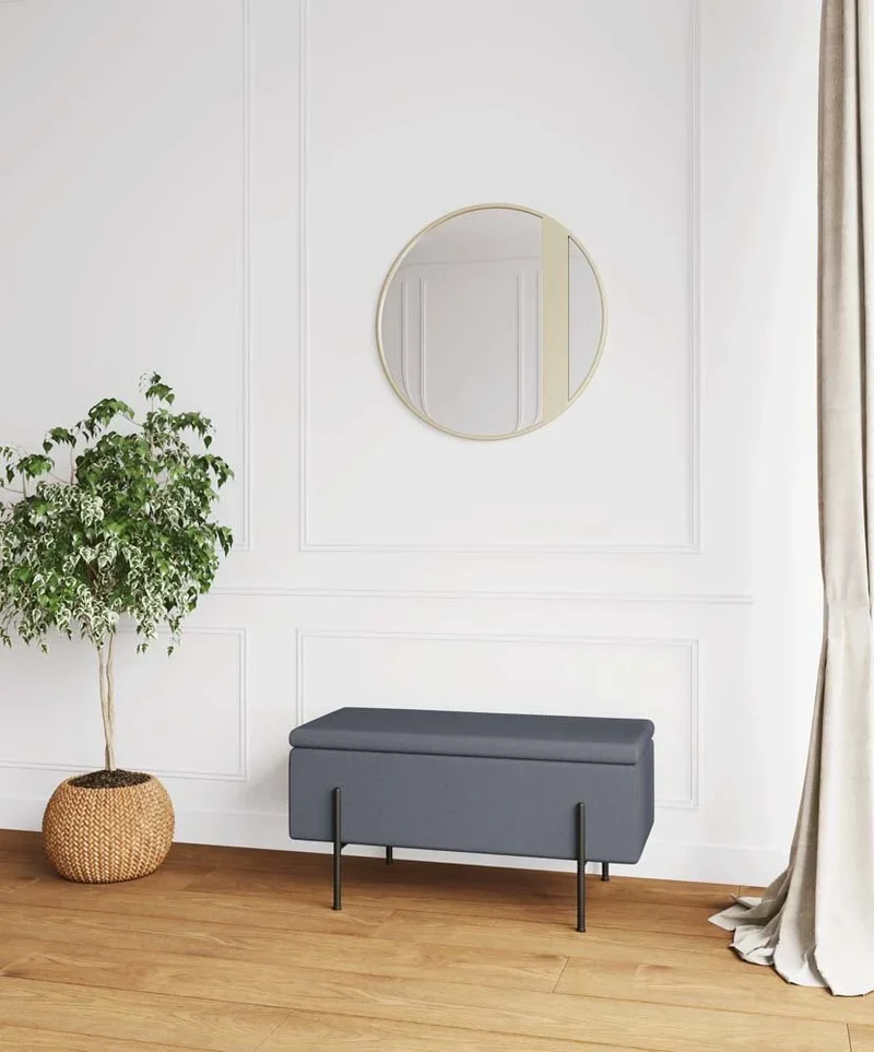 Banquette-coffre gris fonc en bois, m tal et tissu