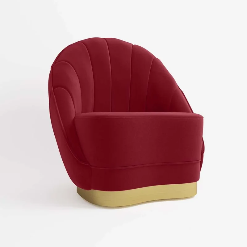 Fauteuil en velours bordeaux, base cerclage dor effet laiton