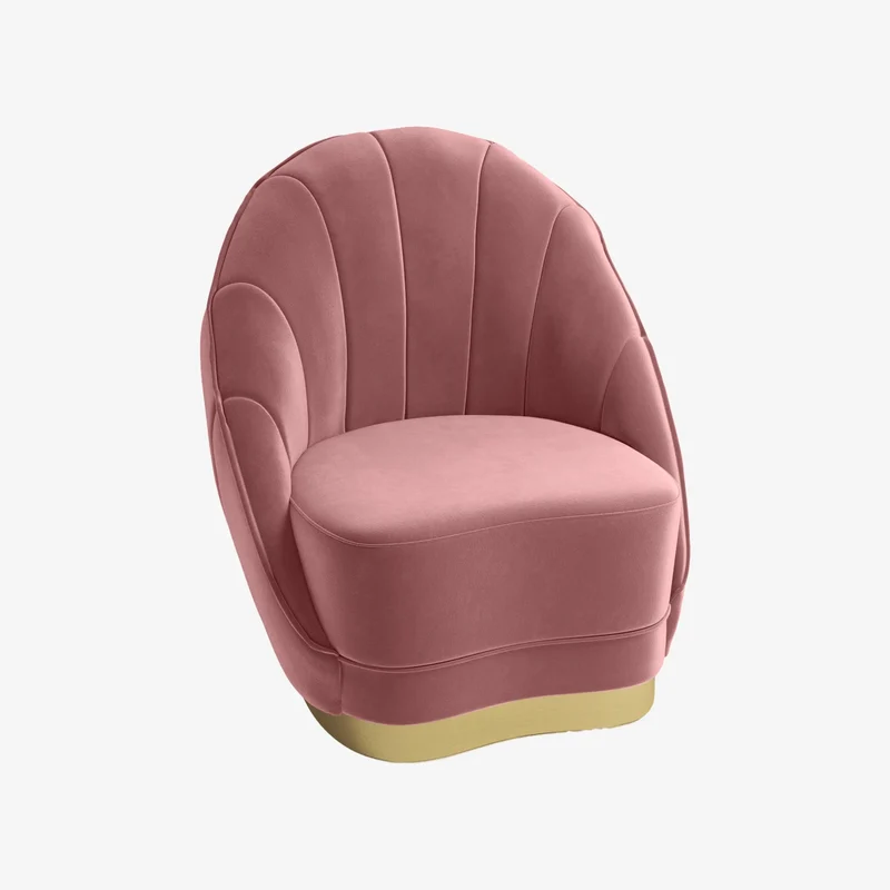 Fauteuil en velours rose vintage, base cerclage dor effet laiton