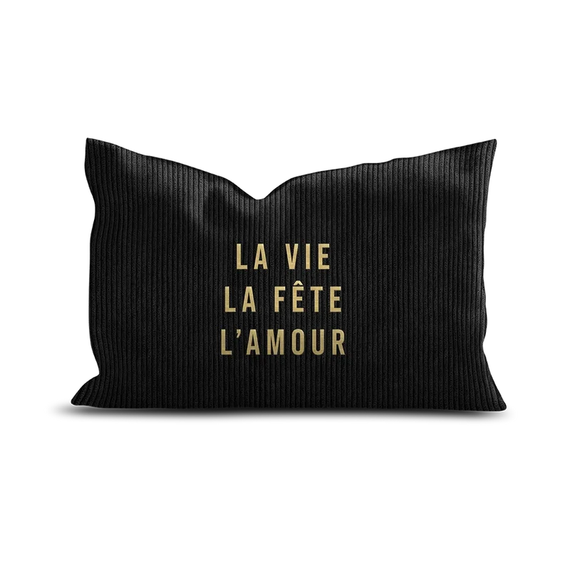 Coussin velours brodé Vie Fête Amour