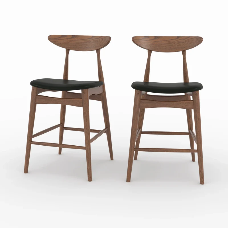 Lot de 2 chaises pour ilot central Josette 63,5 cm en cuir synthétique noir et bois d'hévéa
