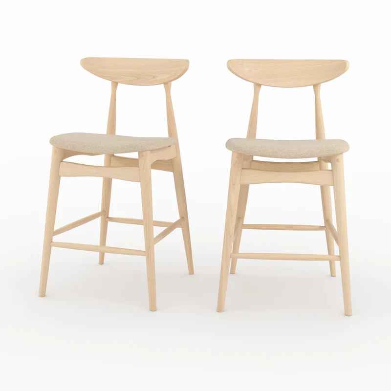 Lot de 2 chaises pour ilot central Josette 63,5 cm en tissu beige et bois d'hévéa clair