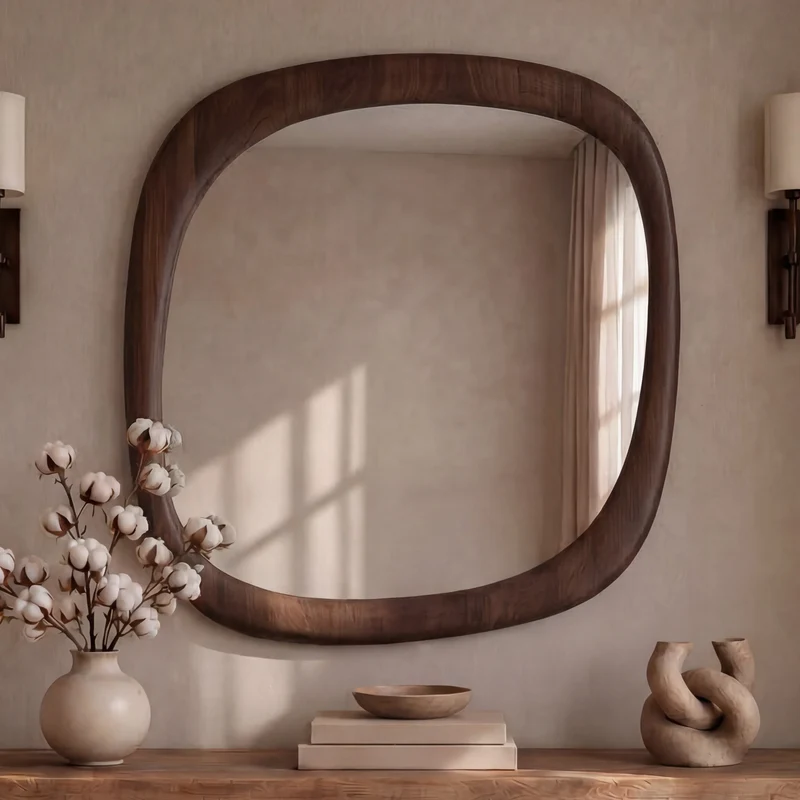 Miroir carré Yoko en placage noyer, 120 x 120 cm
