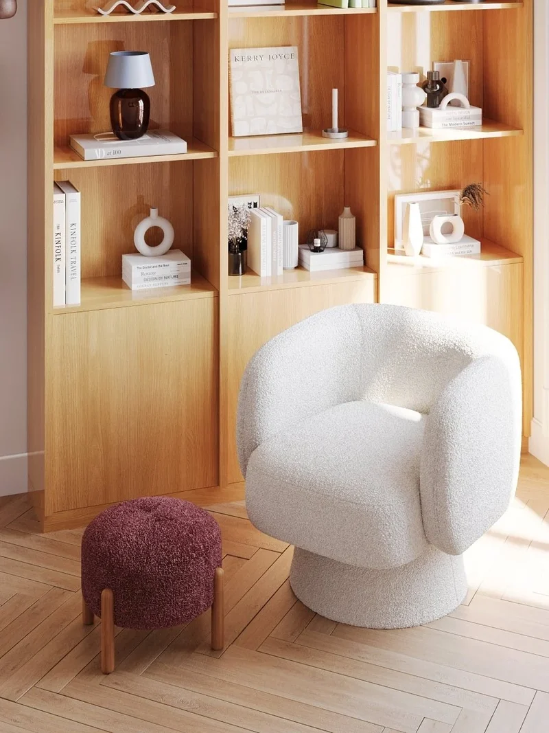 Pouf laine boucl e rose & bois Cam lia
