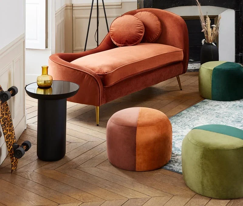 Pouf rond en velours bicolore ocre