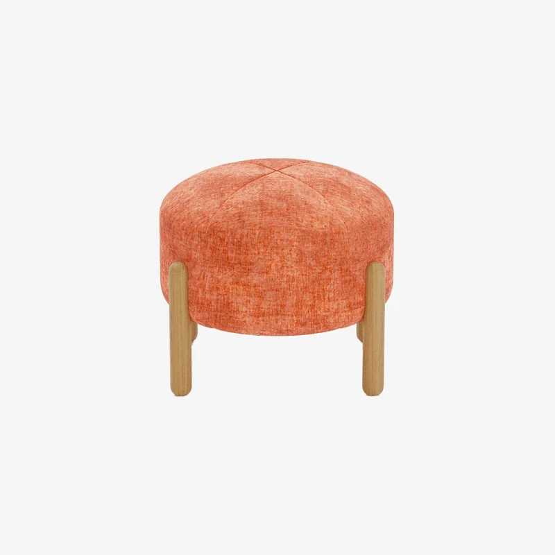 Pouf rond en velours ocre & bois