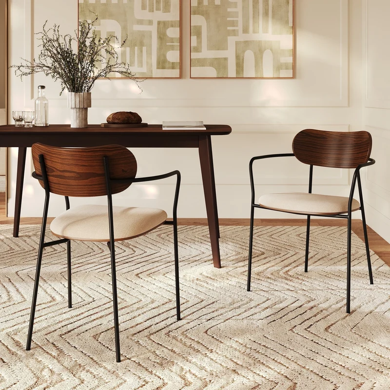 Lot de 2 chaises Marine en tissu beige et placage en bois foncé