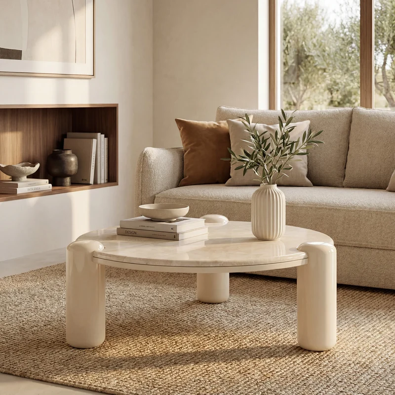 Table basse Hanaé en marbre avec pieds laqués beiges, D86 cm