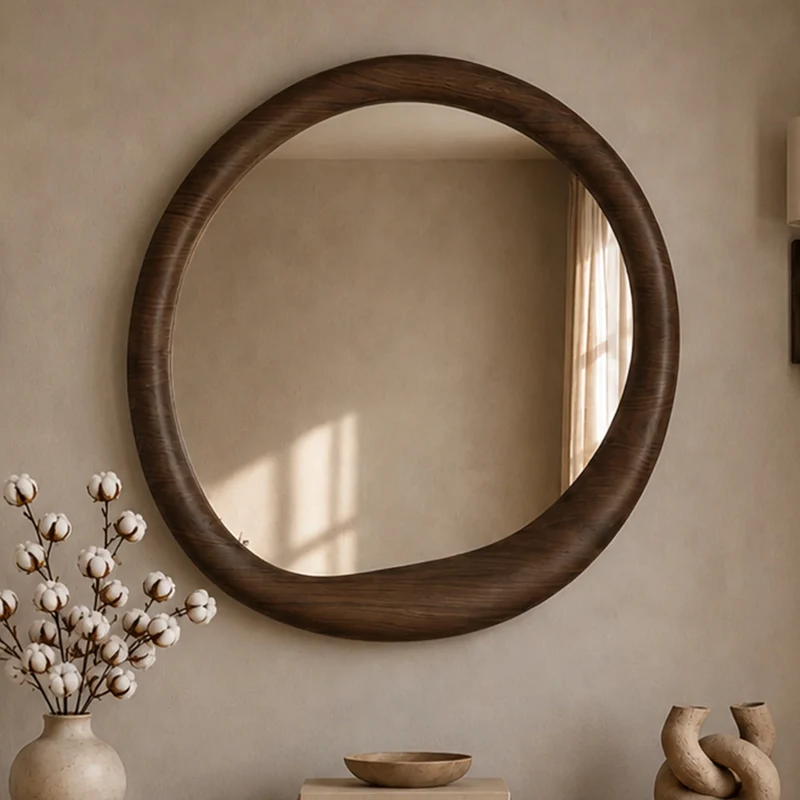 Miroir rond Yoko en placage noyer, D100 cm