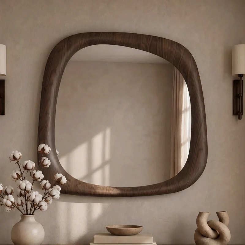 Miroir carré Yoko en placage noyer, 90 x 90 cm