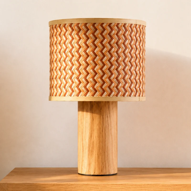 Grande lampe à poser Phil en bois de chêne et bambou crème et orange