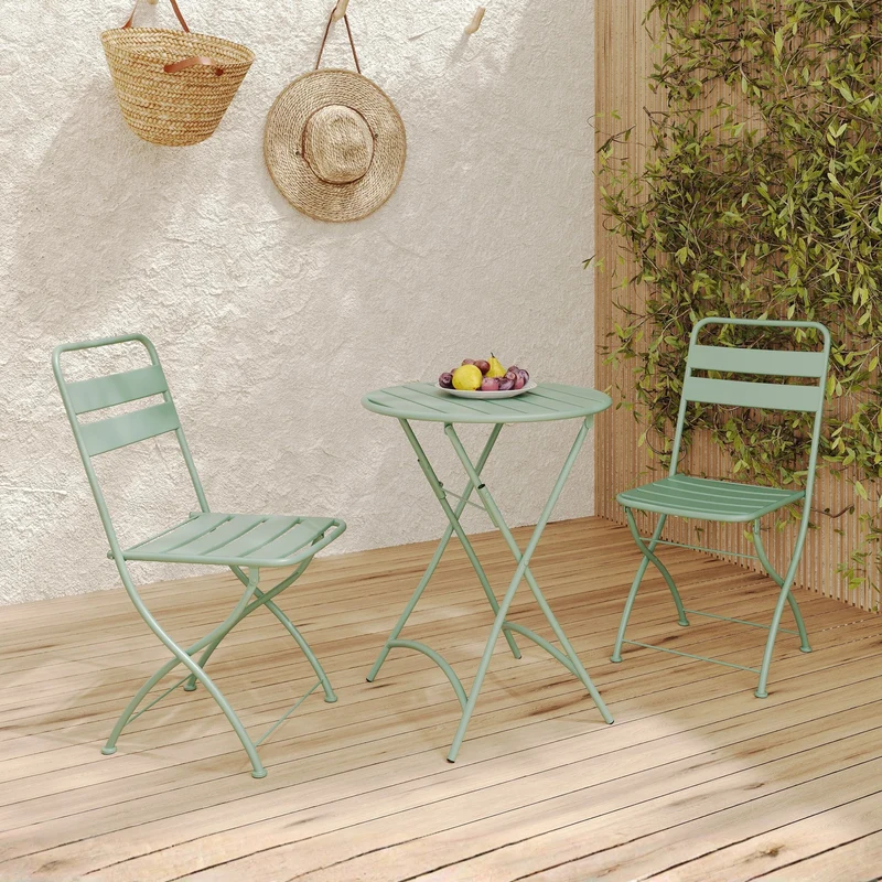 Table ronde et chaises de jardin pliantes Yumi 2 places en métal vert
