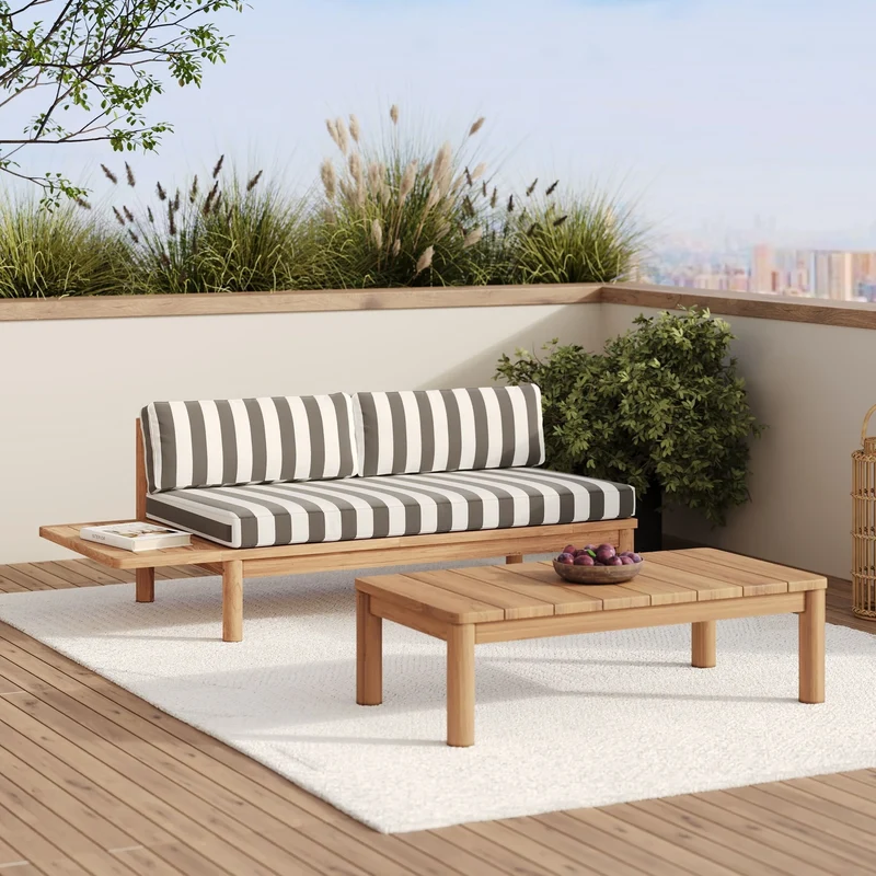 Salon de jardin Nadila 2 personnes en teck massif et tissu rayé gris