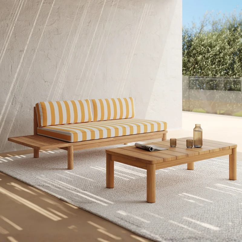 Salon de jardin Nadila 2 personnes en teck massif et tissu rayé jaune