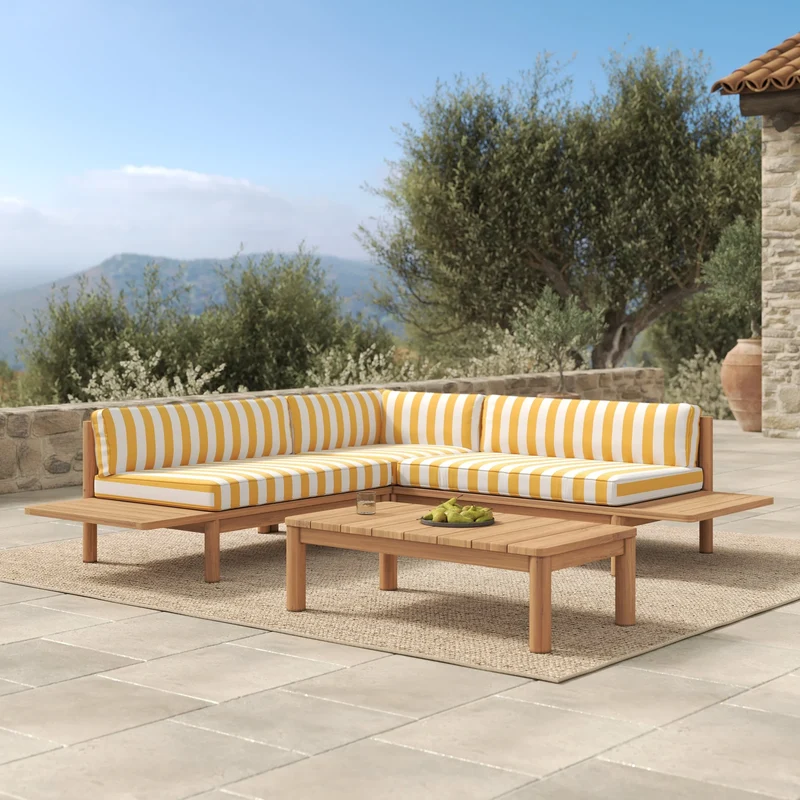 Salon de jardin Nadila 4 personnes en teck massif et tissu rayé jaune
