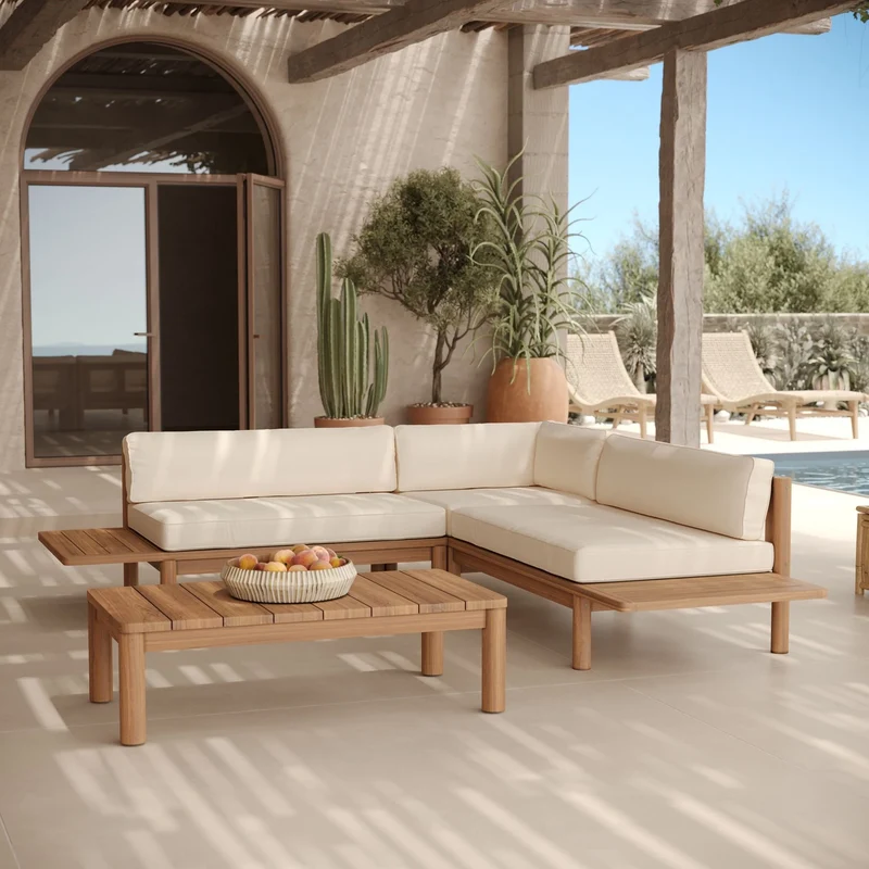 Salon de jardin Nadila 4 personnes en teck massif et tissu blanc