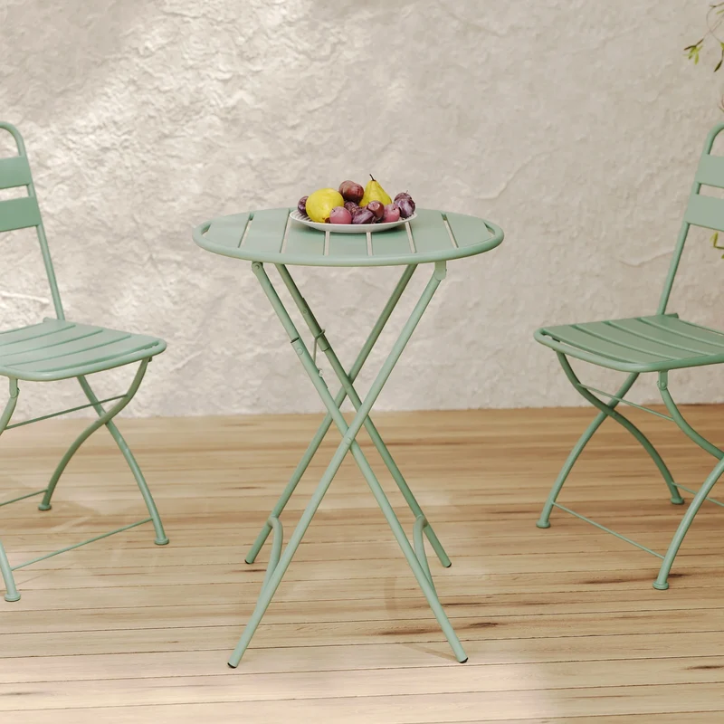 Table de jardin Yumi ronde et pliante en métal vert clair 2 personnes