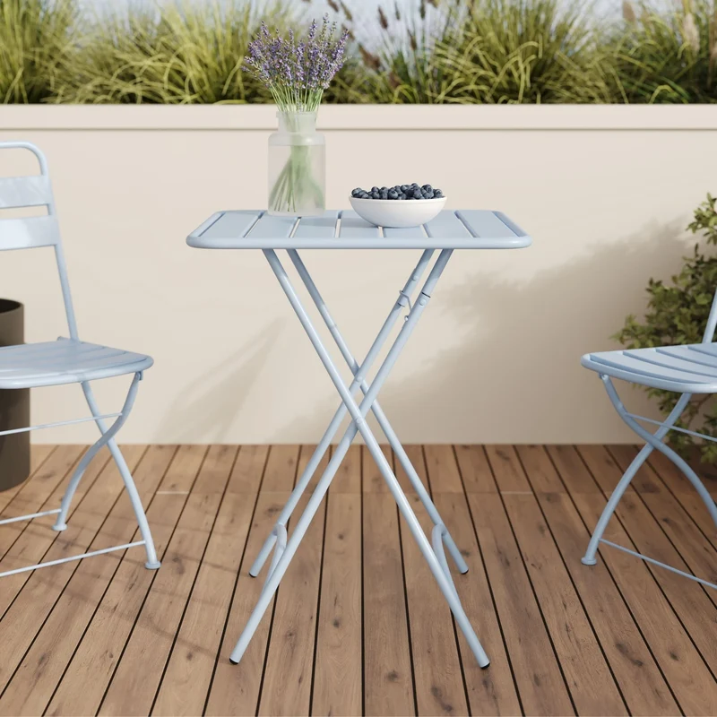 Table de jardin Yumi pliante en métal bleu pastel 2 personnes