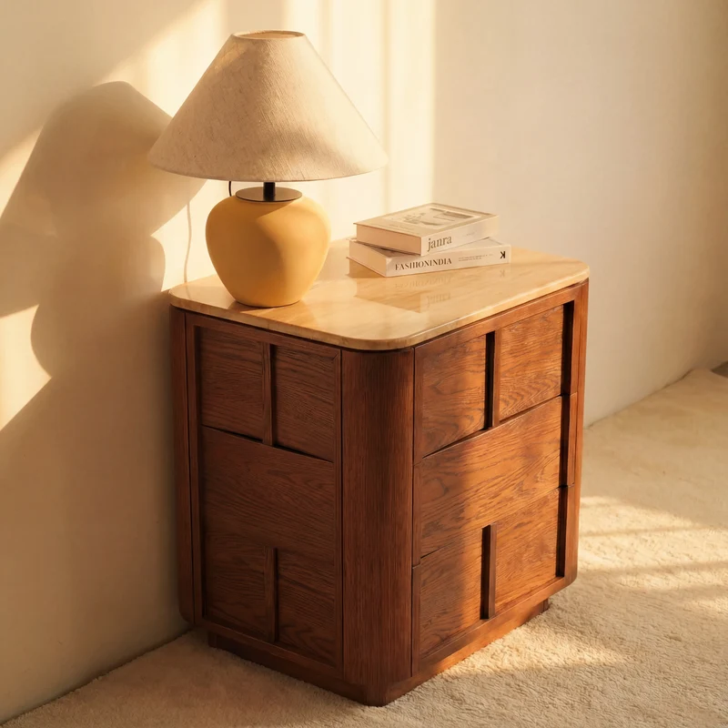 Hearth Bedside Table Oak wood with travertine top