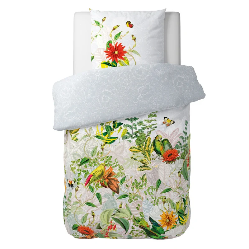 Housse de couette + taie(s) d'oreiller satin de coton - Jardin d'hiver gris perle