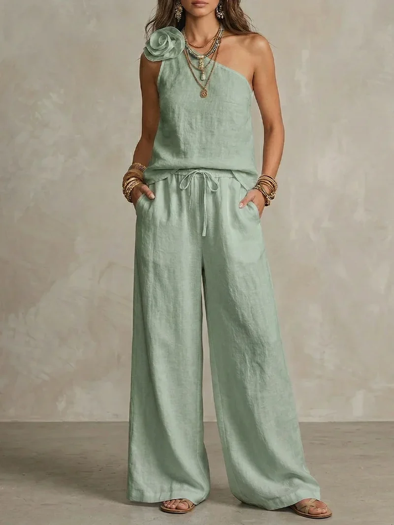 Sexy Urban-Style Loose-Fit Sleeveless Ensemble Chic "Coton-Lin" – Haut Épaules Dénudées et Pantalon Large