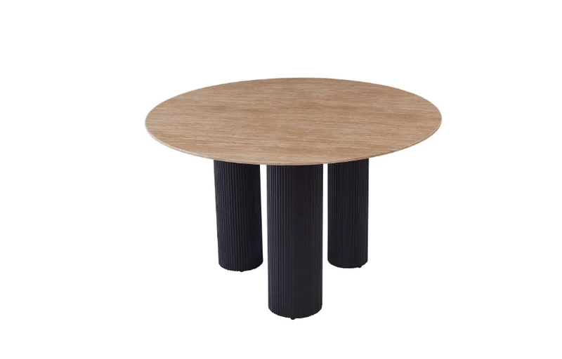 TABLE REPAS ANAÏS PIEDS NOIR PLATEAU CERAM TRAVERTIN 120CM