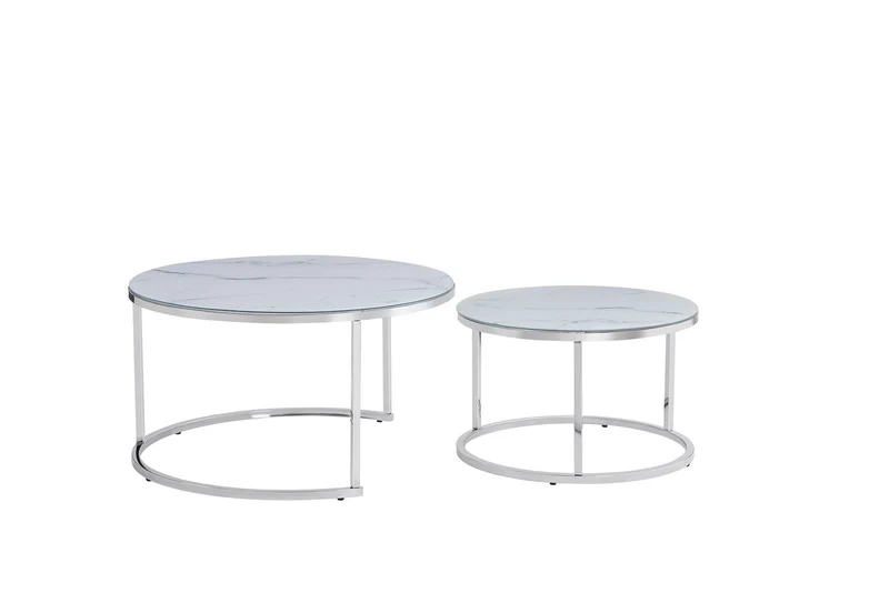 (PROMO!) TABLE BASSE GIGOGNE CHROME PLATEAU VERRE EFFET VERRE MARBRE BLANC 80x45cm+60x38cm