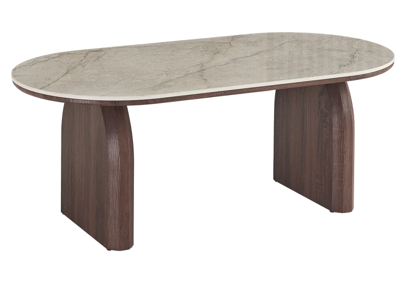 Table basse ovale marbre beige et noyer - Nael